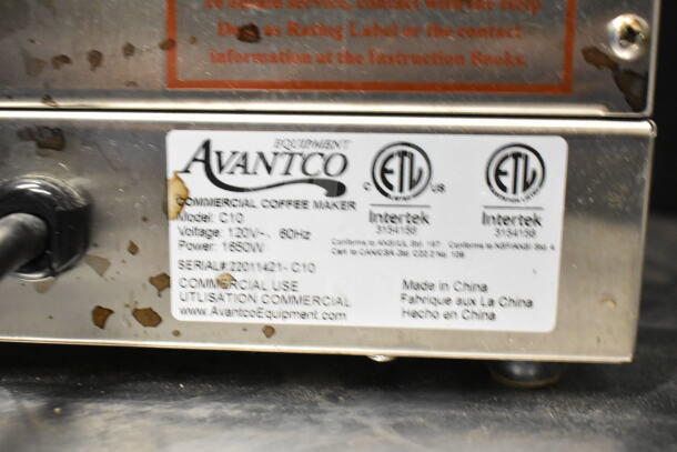 Avantco C10 Commercial Coffee Machine; 120V, 1 Phase; visible label with model and specifications; some surface wear.