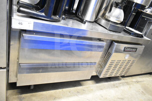 Continental Commercial 2 Drawer Chef Base, stainless steel, on casters. 115 volts, 1 phase. Model label visible.