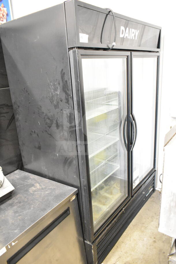 2019 True GDM-49-HC commercial 2-door reach-in cooler merchandiser, 115 volts, 1 phase, black exterior, glass doors.