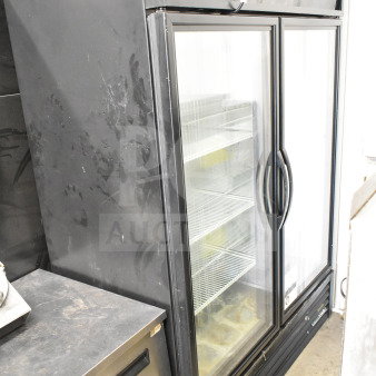 2019 True GDM-49-HC commercial 2-door reach-in cooler merchandiser, 115 volts, 1 phase, black exterior, glass doors.