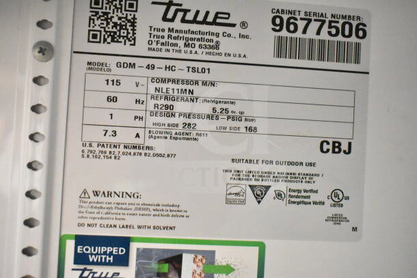 2019 True GDM-49-HC Commercial Cooler label showing model, serial number, voltage, refrigerant type, and compliance logos.
