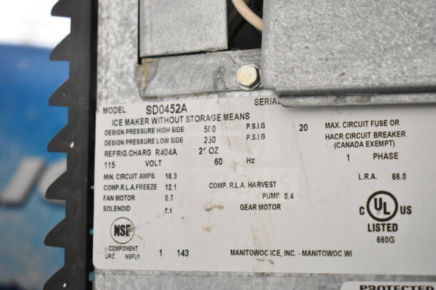 Manitowoc SD0452A ice maker tag, showing model, voltage (115V), phase (1), refrigerant (R404A), and certifications.