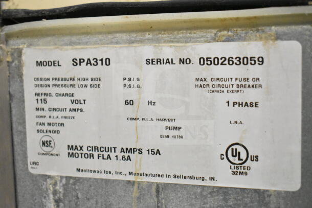 Manitowoc SPA310 label detailing model, serial no. 050263059, 115 volts, 1 phase, NSF certified, UL listed.