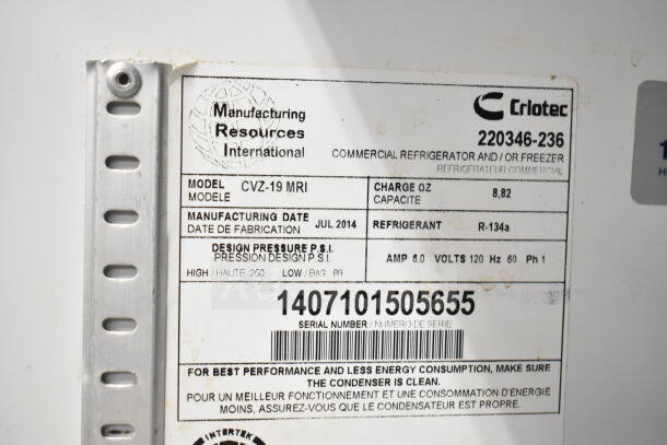 Criotec CVZ-19 MRI Commercial Cooler; label shows model, serial number, charge, refrigerant, and manufacturing date.