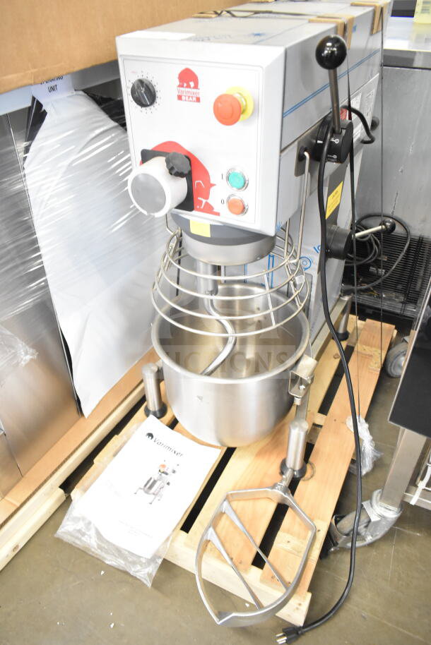 Brand new 2018 Varimixer V20A 20 Quart Dough Mixer with bowl, guard, paddle, and hook; 115V, 1 Phase, commercial-grade.