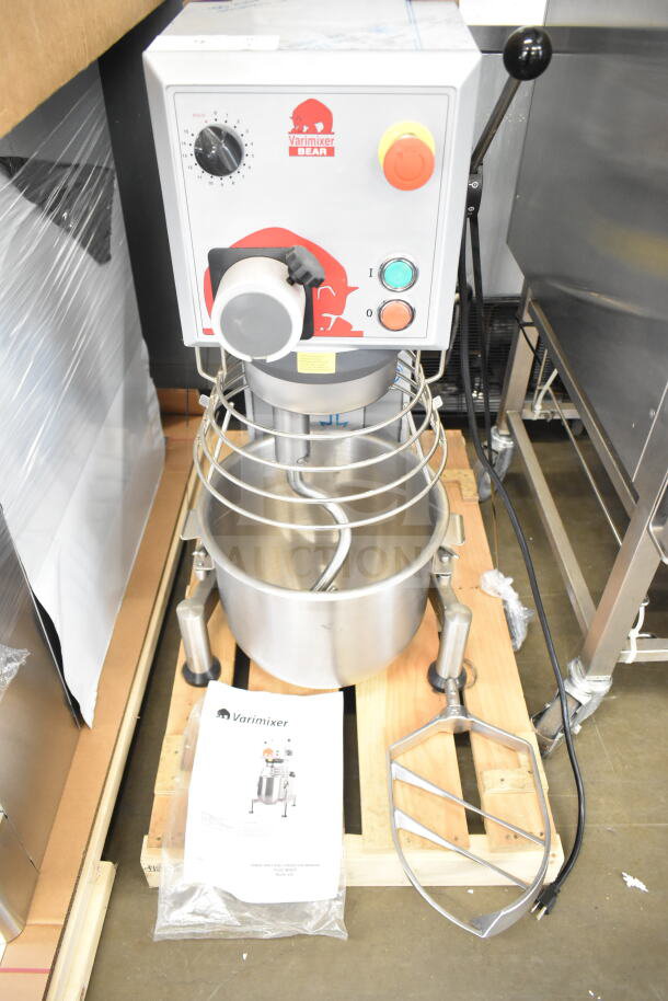 Brand new 2018 Varimixer V20A commercial dough mixer with 20-quart bowl, guard, paddle, and hook. 115V, single phase.