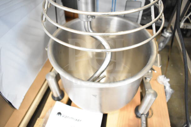 Brand new 2018 Varimixer V20A 20-Quart Dough Mixer, includes bowl, guard, paddle, and hook attachments. 115V, 1 phase.