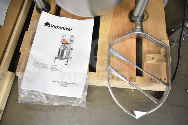 Brand new 2018 Varimixer V20A dough mixer with mixing bowl, bowl guard, paddle, dough hook, and manual. 115V, 1 phase.