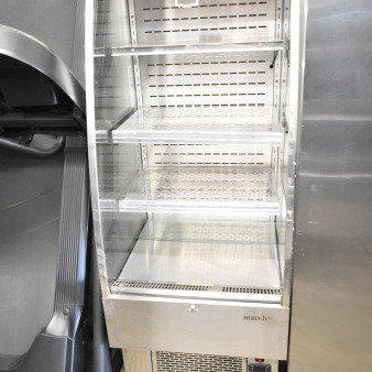 Marchia MDS250 Commercial Open Merchandiser, stainless steel, with shelves, 115V, clean condition, front vent base.