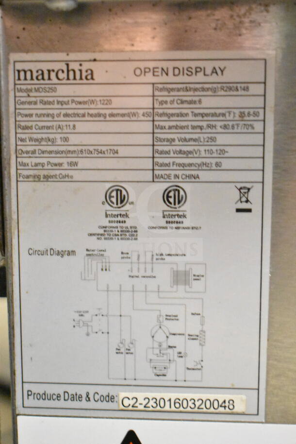 Marchia MDS250 Commercial Open Merchandiser label with specifications, circuit diagram, and ETL certification.