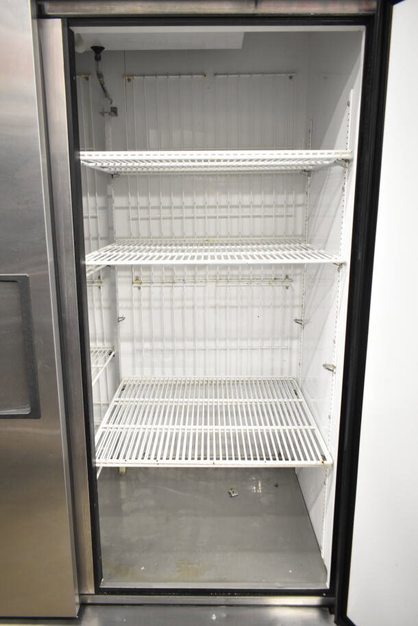True T-49F Commercial 2 Door Reach In Freezer, stainless steel, 115 volts, 1 phase, with spacious interior and shelving.