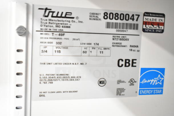 True T-49F commercial 2-door reach-in freezer label showing 115 volts, Energy Star rating, made in USA, NSF certified.