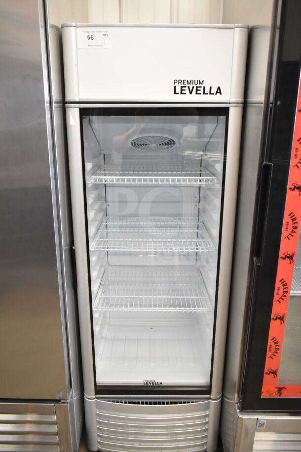 Premium Levella PRF90DX single door cooler merchandiser, 115 volts, 1 phase, glass door, logo on top, white interior shelves.