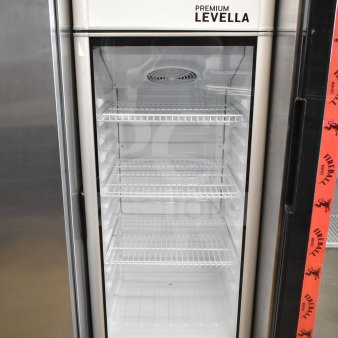 Premium Levella PRF90DX single door cooler merchandiser, 115 volts, 1 phase, glass door, logo on top, white interior shelves.