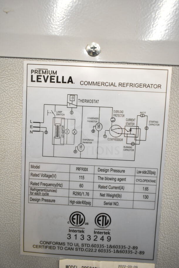 Premium Levella PRF90DX cooler label, 115V, 1-phase, Cyclopentane refrigerant, ETL certified, model specs detailed.