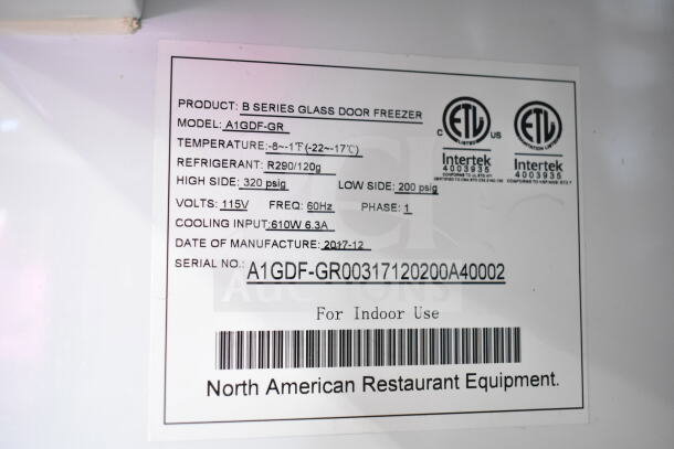 Tag for 2017 North American A1GDF-GR Freezer Merchandiser; 115V, 1 phase, R290 refrigerant, indoor use, model-specific info.