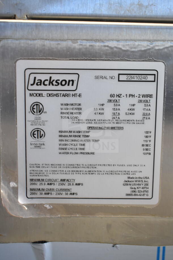 2022 Jackson DISHSTAR HT-E commercial dishwasher, 208/230V, 1 Phase, model details shown on label.