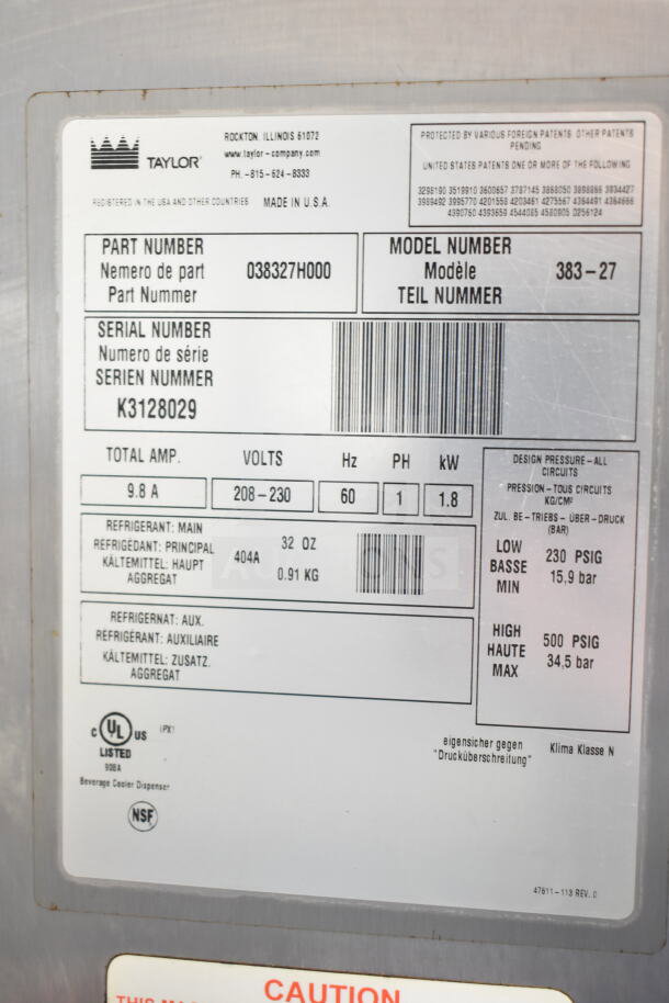 Taylor 383-27 Commercial Countertop Frozen Beverage Machine, 208-230V, 1 Phase, label showing model and specs.