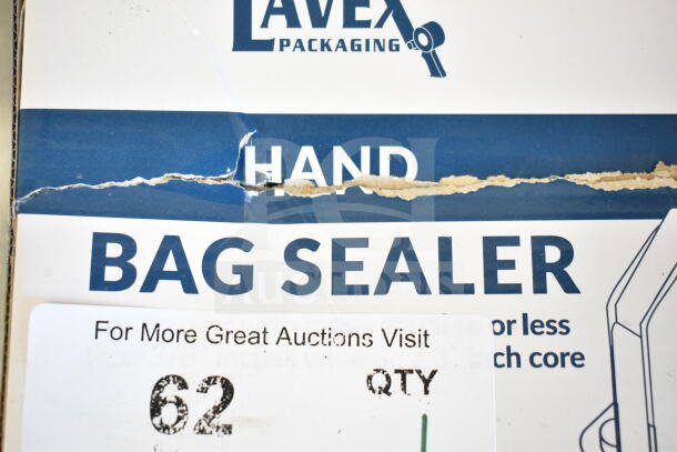 Brand new Lavex 562BAGSEALER bag sealing tape dispenser with scratch and dent on packaging, perfect for sealing tasks.