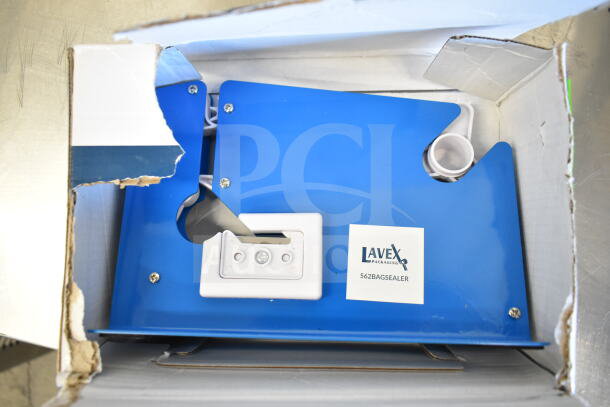 Brand new Lavex 562BAGSEALER bag sealing tape dispenser in box. Visible box damage. Blue metal frame.
