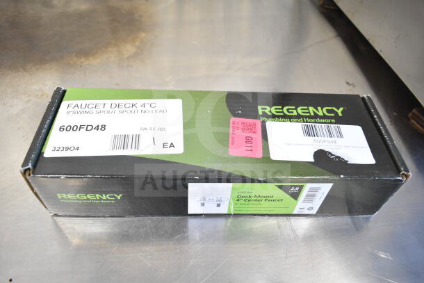 Brand new Regency 600FD48 deck-mounted faucet box, featuring 4" centers and 8" swing spout, labeled scratch and dent.