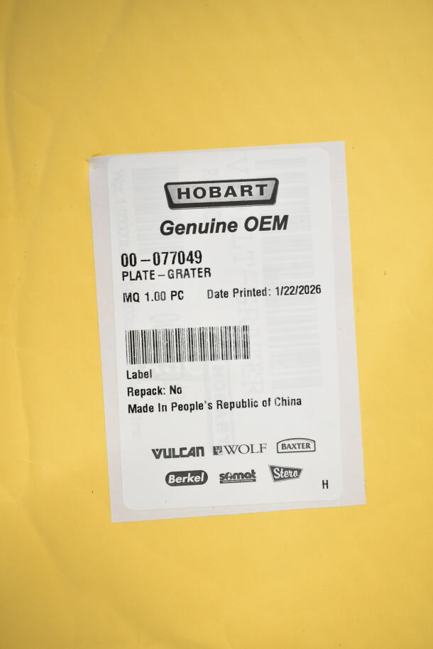Hobart Genuine OEM plate grater label with part number 00-077049. Made in China. Includes brand logos.