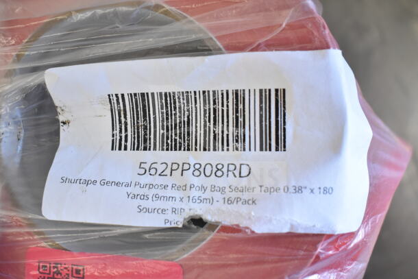 Shurtape red poly bag sealer tape, barcode 562PP808RD, 0.38"x180Y, 16/pack, new condition, visible packaging damage.