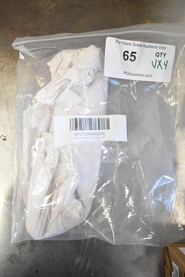 Sealed bag with items including a combo latch, marked "HPLTHDRMAGME." New condition with auction label "65 QTY VXY."