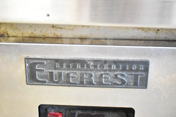 Everest Commercial 4 Drawer Chef Base, stainless steel, on casters. Features 115V, 1 phase power. Visible Everest logo.