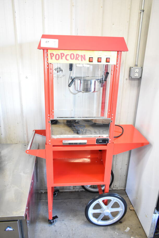 Carnival King 382PM30R Royalty Series 8 oz. red popcorn machine on stand, features switches and Royalty Series label, 120V.