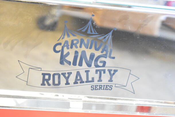 Carnival King Royalty Series 8 oz. red popcorn machine on stand, model 382PM30R. Features branding on the glass panel.