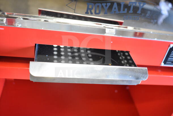Carnival King 382PM30R Royalty Series 8 oz. red popcorn machine, stainless steel details, label showing model, on stand.