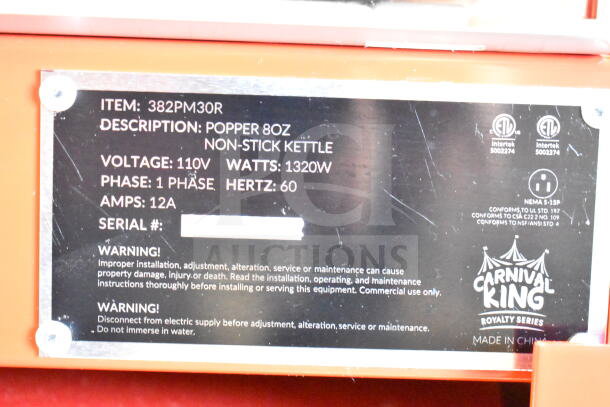 Carnival King 382PM30R Royalty Series 8 oz. popcorn machine label showing specs: 120V, 1320W, 1 Phase, NEMA 5-15P plug.