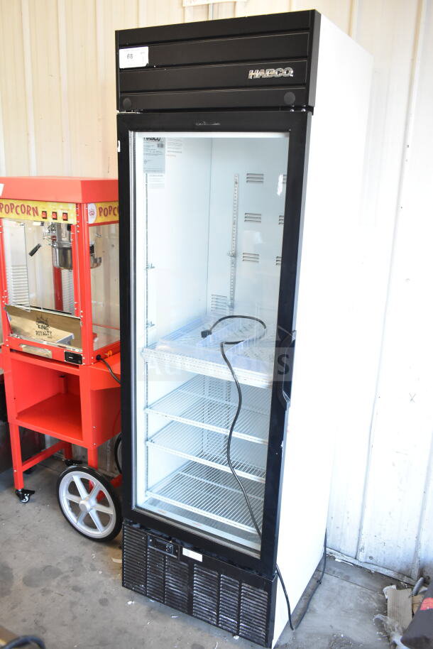 2019 Habco SE18 commercial cooler, single door, glass front, 115V, used, black frame, interior shelves visible.