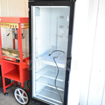 2019 Habco SE18 commercial cooler, single door, glass front, 115V, used, black frame, interior shelves visible.