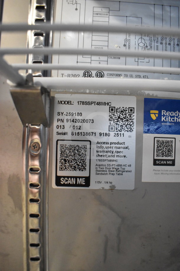 Avantco model 178SSPT48MHC commercial sandwich salad prep table label, showing product info and QR codes. 115V, 1 Phase.