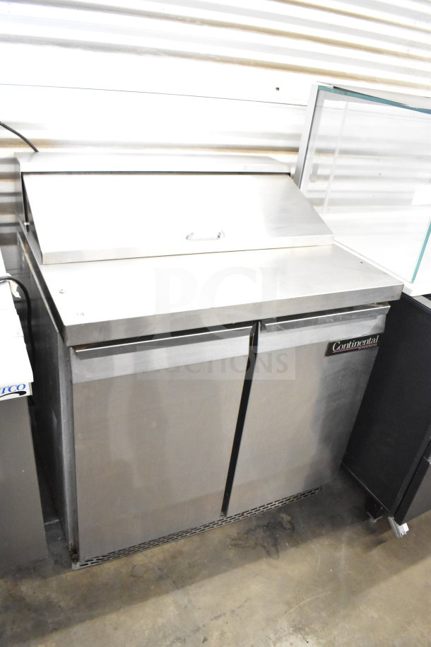 Continental SW36-10 commercial sandwich prep table, two-door model, stainless steel, 115 volts, branded label visible.