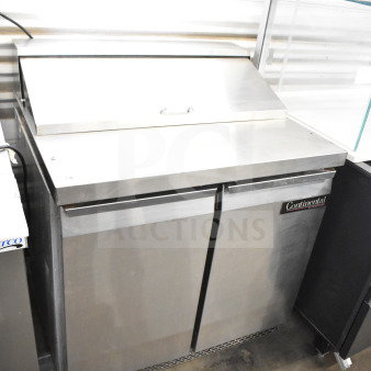 Continental SW36-10 commercial sandwich prep table, two-door model, stainless steel, 115 volts, branded label visible.