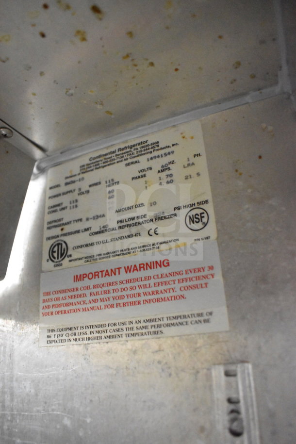 Continental SW36-10 Sandwich Salad Prep Table label showing voltage, phase, and cleaning warning. 115V, 1 phase.