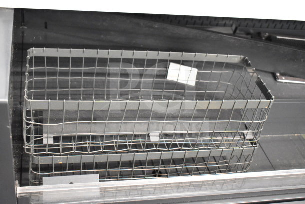 Commercial horizontal Grab N Go merchandiser with top dry display. Features metal wire baskets, suitable for retail use.