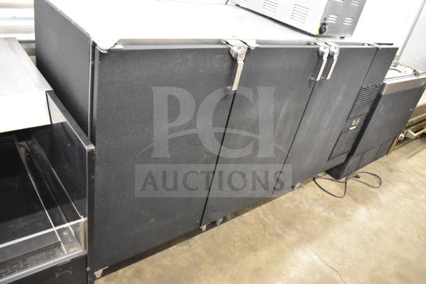 Glastender ND72-R1-BN 3 Door Back Bar Cooler, black, commercial use, 115 volts, 1 phase, latch detail, good condition.