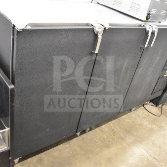 Glastender ND72-R1-BN 3 Door Back Bar Cooler, black, commercial use, 115 volts, 1 phase, latch detail, good condition.