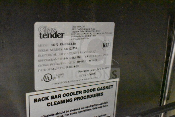 Glastender ND72-R1-BN commercial cooler label showing model, serial number, 120 volts, and cleaning procedures.