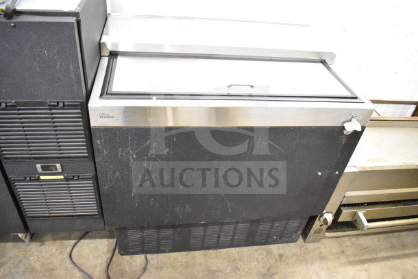 Glastender ST36-B 36" shallow well beer bottle cooler; black exterior, stainless top; 120V, 1 phase; visible wear.