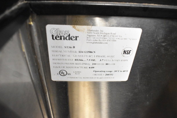 Glastender ST36-B 36" beer bottle cooler label showing 120V, 1 phase, R134a refrigerant, UL and NSF certifications.