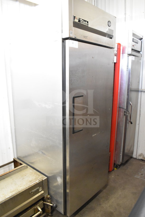 True TG1R-1S commercial reach-in cooler, stainless steel, single door, on casters, 115 volts, 1 phase, visible True logo.