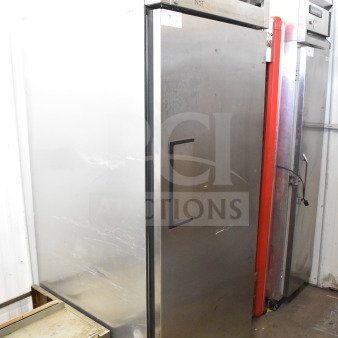 True TG1R-1S commercial reach-in cooler, stainless steel, single door, on casters, 115 volts, 1 phase, visible True logo.