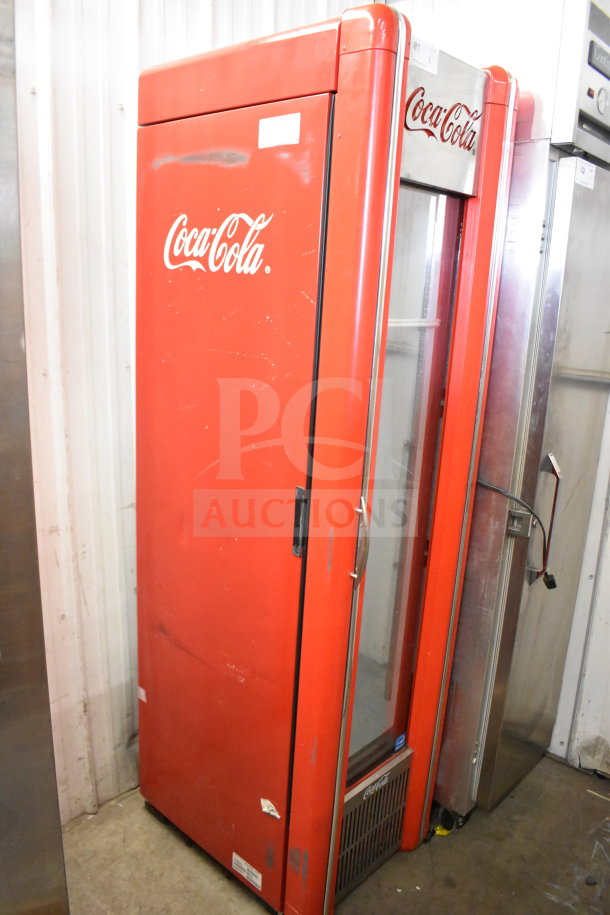 Imbera VR09 commercial single door cooler, red, Coca-Cola branding, 115 volts, 1 phase, used condition.