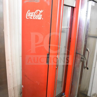 Imbera VR09 commercial single door cooler, red, Coca-Cola branding, 115 volts, 1 phase, used condition.