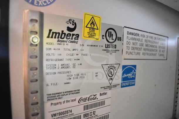 Imbera VR09 Commercial Cooler label, showing 115 volts, 1 phase, UL listed, R-290 refrigerant, Energy Star certified.